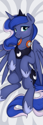 Size: 399x1143 | Tagged: safe, artist:theparagon, princess luna, alicorn, pony, body pillow, body pillow design, cute, female, gamer luna, headphones, headset, jewelry, looking at you, mare, on back, open mouth, regalia, solo