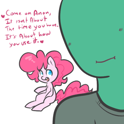 Size: 500x500 | Tagged: safe, artist:mt, derpibooru import, pinkie pie, oc, oc:anon, earth pony, human, pony, duo