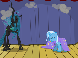 Size: 1280x957 | Tagged: safe, artist:evil-dec0y, derpibooru import, queen chrysalis, trixie, changeling, changeling queen, pony, unicorn, comic:trixie vs., cape, clothes, duo, duo female, eyes closed, female, hat, mare, stage, tongue out, trixie's cape, trixie's hat