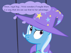 Size: 1280x957 | Tagged: safe, artist:evil-dec0y, derpibooru import, trixie, pony, unicorn, comic:trixie vs., cape, clothes, female, hat, mare, solo, thought bubble, trixie's cape, trixie's hat