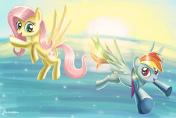 Size: 1024x683 | Tagged: safe, artist:jrenon, fluttershy, rainbow dash, pegasus, pony, female, flying, mare, wings