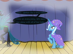 Size: 1280x957 | Tagged: safe, artist:evil-dec0y, derpibooru import, queen chrysalis, trixie, changeling, changeling queen, pony, unicorn, comic:trixie vs., cape, clothes, duo, duo female, female, hat, imagine spot, mare, stage, trixie's cape, trixie's hat