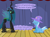 Size: 1280x957 | Tagged: safe, artist:evil-dec0y, derpibooru import, queen chrysalis, trixie, changeling, changeling queen, pony, unicorn, comic:trixie vs., cape, clothes, duo, duo female, female, hat, mare, stage, trixie's cape, trixie's hat