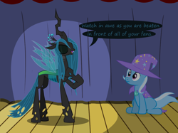 Size: 1280x957 | Tagged: safe, artist:evil-dec0y, derpibooru import, queen chrysalis, trixie, changeling, changeling queen, pony, unicorn, comic:trixie vs., cape, clothes, duo, duo female, female, hat, mare, stage, trixie's cape, trixie's hat