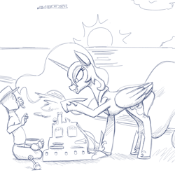 Size: 1280x1280 | Tagged: safe, artist:goat train, nightmare moon, oc, oc:anon, alicorn, human, pony, beach, bully, bullying, duo, eat at joe's, evil grin, grin, monochrome, plane, pure unfiltered evil, sandcastle, sketch, smiling, sun