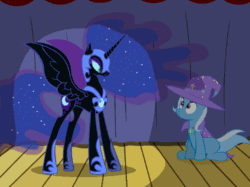 Size: 500x374 | Tagged: safe, artist:evil-dec0y, derpibooru import, nightmare moon, princess luna, queen chrysalis, trixie, alicorn, changeling, changeling queen, pony, unicorn, comic:trixie vs., animated, cape, clothes, disguise, disguised changeling, duo, duo female, female, hat, mare, shapeshifting, stage, transformation, trixie's cape, trixie's hat