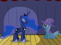 Size: 500x374 | Tagged: safe, artist:evil-dec0y, derpibooru import, princess luna, queen chrysalis, trixie, oc, oc:fluffle puff, alicorn, changeling, changeling queen, pony, unicorn, comic:trixie vs., animated, cape, clothes, disguise, disguised changeling, duo, duo female, female, hat, mare, shapeshifting, stage, transformation, trixie's cape, trixie's hat