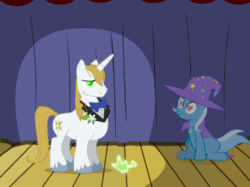 Size: 500x374 | Tagged: safe, artist:evil-dec0y, derpibooru import, discord, prince blueblood, queen chrysalis, trixie, changeling, changeling queen, pony, unicorn, comic:trixie vs., animated, bluetrix, cape, clothes, disguise, disguised changeling, duo, female, hat, heart eyes, male, mare, shapeshifting, shipping, stage, straight, transformation, trixie's cape, trixie's hat, wingding eyes