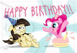 Size: 2400x1650 | Tagged: safe, artist:killryde, pinkie pie, wild fire, earth pony, pony, birthday, cake