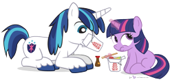 Size: 900x432 | Tagged: safe, artist:dm29, shining armor, twilight sparkle, pony, unicorn, brother and sister, chinese food, chopsticks, cute, duo, eating, feed bag, female, filly, food, magic, male, shining adorable, siblings, simple background, soy sauce, transparent background