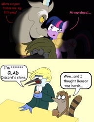 Size: 1687x2188 | Tagged: safe, artist:cartuneslover16, derpibooru import, discord, twilight sparkle, blondecai, comic sans, crossover, crossover shipping, fanfic, female, male, mordecai, mordecai and rigby, mordetwi, regular show, rigby, shipping, straight