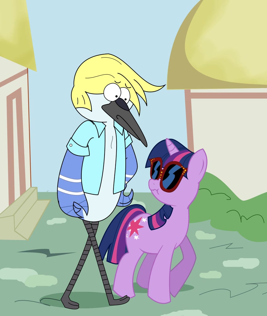 506747 - safe, artist:cartuneslover16, derpibooru import, twilight sparkle,  blondecai, crossover, fanfic, frown, glasses, mordecai, mordetwi, raised  hoof, regular show, scrunchy face, sunglasses, walking, wat - Ponybooru