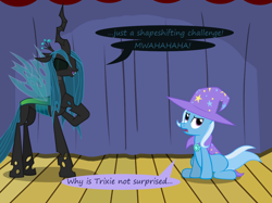 Size: 1280x957 | Tagged: safe, artist:evil-dec0y, derpibooru import, queen chrysalis, trixie, changeling, changeling queen, pony, unicorn, comic:trixie vs., cape, clothes, duo, duo female, female, hat, laughing, mare, stage, trixie's cape, trixie's hat