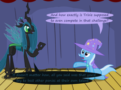 Size: 1280x957 | Tagged: safe, artist:evil-dec0y, derpibooru import, queen chrysalis, trixie, changeling, changeling queen, pony, unicorn, comic:trixie vs., cape, clothes, duo, duo female, female, hat, mare, stage, trixie's cape, trixie's hat