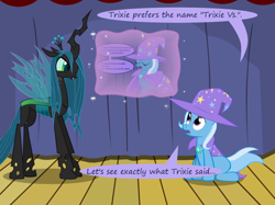 Size: 1280x957 | Tagged: safe, artist:evil-dec0y, derpibooru import, queen chrysalis, trixie, changeling, changeling queen, pony, unicorn, comic:trixie vs., cape, clothes, duo, duo female, female, hat, mare, stage, trixie's cape, trixie's hat