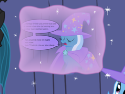 Size: 1280x957 | Tagged: safe, artist:evil-dec0y, derpibooru import, queen chrysalis, trixie, changeling, changeling queen, pony, unicorn, comic:trixie vs., cape, clothes, duo, duo female, female, hat, magic, mare, trixie's cape, trixie's hat