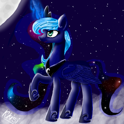 Size: 768x768 | Tagged: safe, artist:kkisi, princess luna, alicorn, pony, cloud, magic, moon, raised hoof, solo