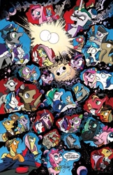 Size: 685x1054 | Tagged: safe, idw, angel bunny, applejack, big macintosh, discord, dj pon-3, doctor whooves, fluttershy, kibitz, king sombra, observer (character), octavia melody, pinkie pie, princess cadance, princess celestia, princess luna, queen chrysalis, rainbow dash, rarity, shining armor, smarty pants, spike, twilight sparkle, twilight sparkle (alicorn), vinyl scratch, alicorn, changeling, changeling queen, dragon, earth pony, pegasus, pony, unicorn, spoiler:comic, spoiler:comic20, alternate universe, captain goodguy, clothes, dark mirror universe, doctor who, evil celestia, evil counterpart, evil luna, female, fourth doctor, fourth doctor's scarf, fringe, good king sombra, idw advertisement, mane six, mare, mirror universe, pinkamena diane pie, pinkie costume, pony costume, preview, rocktavia, understatement, vinyl class, walter bishop