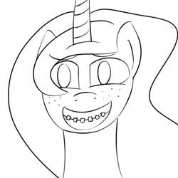 Size: 512x512 | Tagged: safe, artist:theoryanon, princess luna, alicorn, pony, braces, freckles, monochrome, solo