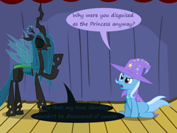 Size: 1280x957 | Tagged: safe, artist:evil-dec0y, derpibooru import, queen chrysalis, trixie, changeling, changeling queen, pony, unicorn, comic:trixie vs., cape, clothes, duo, duo female, female, hat, mare, stage, trixie's cape, trixie's hat