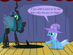 Size: 1280x957 | Tagged: safe, artist:evil-dec0y, derpibooru import, queen chrysalis, trixie, changeling, changeling queen, pony, unicorn, comic:trixie vs., cape, clothes, duo, duo female, female, hat, mare, stage, trixie's cape, trixie's hat