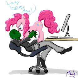 Size: 659x659 | Tagged: safe, artist:frist44, derpibooru import, pinkie pie, oc, oc:anon, human, chair, computer, cute, duo, fluffy, lazy, monitor, shaking