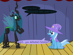 Size: 1280x957 | Tagged: safe, artist:evil-dec0y, derpibooru import, queen chrysalis, trixie, changeling, changeling queen, pony, unicorn, comic:trixie vs., cape, clothes, duo, duo female, female, hat, mare, stage, trixie's cape, trixie's hat