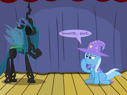 Size: 1280x957 | Tagged: safe, artist:evil-dec0y, derpibooru import, queen chrysalis, trixie, changeling, changeling queen, pony, unicorn, comic:trixie vs., cape, clothes, duo, duo female, female, gigglesnort, hat, mare, stage, trixie's cape, trixie's hat