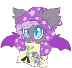 Size: 2051x1938 | Tagged: safe, artist:starlightlore, oc, oc only, oc:anon, oc:sirocca, oc:speck, bat pony, pony, clothes, drawing, footed sleeper, heart, pajamas, paper, simple background, solo, transparent background