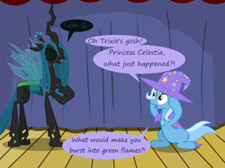 Size: 1280x957 | Tagged: safe, artist:evil-dec0y, derpibooru import, queen chrysalis, trixie, changeling, changeling queen, pony, unicorn, comic:trixie vs., cape, clothes, duo, duo female, female, hat, mare, stage, trixie's cape, trixie's hat