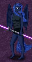 Size: 529x1000 | Tagged: safe, artist:lunaerix, princess luna, anthro, plantigrade anthro, barefoot, clothes, double lightsaber, feet, jedi, lightsaber, solo, star wars, weapon