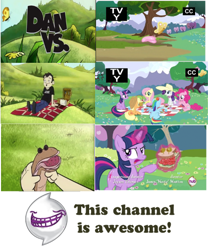 Size: 420x505 | Tagged: safe, derpibooru import, applejack, fluttershy, pinkie pie, rainbow dash, rarity, twilight sparkle, earth pony, pegasus, pony, unicorn, comparison, dan, dan vs, hub logo, hubble, sandwich, the hub, tv rating