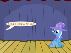 Size: 1280x957 | Tagged: safe, artist:evil-dec0y, derpibooru import, trixie, pony, unicorn, comic:trixie vs., cape, clothes, female, hat, implied princess celestia, mare, offscreen character, sitting, solo, stage, trixie's cape, trixie's hat