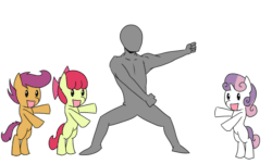 Size: 800x482 | Tagged: safe, artist:starykrow, apple bloom, scootaloo, sweetie belle, oc, oc:anon, human, animated, cutie mark crusaders, dancing, johnny bravo, the monkey