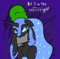 Size: 1078x1070 | Tagged: artist needed, safe, nightmare moon, oc, oc:anon, alicorn, human, pony, blushing, cute, dialogue, ethereal mane, eyelashes, eyes closed, female, floppy ears, holding a pony, hug, i am the night, looking back, mare, nicemare moon, pouting