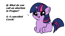 Size: 1194x668 | Tagged: safe, derpibooru import, twilight sparkle, pony, unicorn, abortion, dialogue, female, filly, filly twilight telling an offensive joke, horn, looking at you, meme, multicolored mane, multicolored tail, purple coat, simple background, sitting, smiling, solo, talking to viewer, underhoof, white background