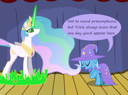 Size: 1280x957 | Tagged: safe, artist:evil-dec0y, derpibooru import, princess celestia, queen chrysalis, trixie, alicorn, changeling, changeling queen, pony, unicorn, comic:trixie vs., cape, changeling magic, clothes, disguise, disguised changeling, duo, duo female, female, green eyes, hat, mare, stage, trixie's cape, trixie's hat