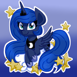 Size: 4512x4512 | Tagged: safe, artist:partylikeanartist, princess luna, alicorn, pony, absurd resolution, cel shading, chibi, cloud, cute, looking at you, lunabetes, simple background, solo, stars, wingding eyes