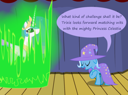 Size: 1280x957 | Tagged: safe, artist:evil-dec0y, derpibooru import, princess celestia, queen chrysalis, trixie, alicorn, changeling, changeling queen, pony, unicorn, comic:trixie vs., cape, changeling magic, clothes, disguise, disguised changeling, duo, duo female, female, green eyes, hat, mare, shapeshifting, stage, trixie's cape, trixie's hat
