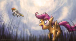 Size: 1980x1080 | Tagged: safe, artist:fongsaunder, rainbow dash, scootaloo, pegasus, pony, cloud, cloudy, duo, flying, grass, happy, looking up