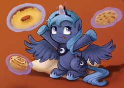 Size: 4092x2893 | Tagged: safe, artist:bronyraimu, princess luna, alicorn, pony, bread, bun (food), cinnamon bun, cookie, donut, filly, food, magic, solo, telekinesis, tongue out, woona