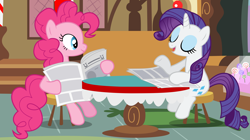 Size: 9800x5500 | Tagged: safe, artist:drfatalchunk, pinkie pie, rarity, earth pony, pony, unicorn, ponyville confidential, absurd resolution, newspaper, vector