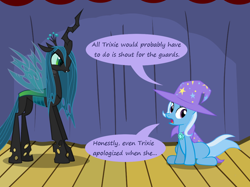 Size: 1280x957 | Tagged: safe, artist:evil-dec0y, derpibooru import, queen chrysalis, trixie, changeling, changeling queen, pony, unicorn, comic:trixie vs., cape, clothes, duo, duo female, female, hat, mare, stage, trixie's cape, trixie's hat