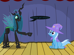 Size: 1280x957 | Tagged: safe, artist:evil-dec0y, derpibooru import, queen chrysalis, trixie, changeling, changeling queen, pony, unicorn, comic:trixie vs., cape, clothes, duo, duo female, female, hat, mare, stage, trixie's cape, trixie's hat