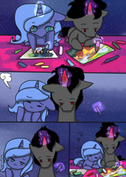 Size: 500x703 | Tagged: safe, king sombra, princess luna, alicorn, pony, unicorn, crayons, female, lumbra, male, s1 luna, shipping, sleeping, straight