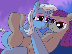 Size: 2048x1536 | Tagged: safe, artist:thecrimsondm, derpibooru import, maud pie, trixie, earth pony, pony, unicorn, chest fluff, female, lesbian, mauxie, shipping, smiling