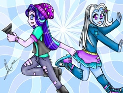 Size: 1024x768 | Tagged: safe, artist:lacie-buncat, derpibooru import, starlight glimmer, trixie, equestria girls, beanie, boots, caught, clothes, dragging, female, flashlight (object), hat, hoodie, miniskirt, pants, ripped pants, running, running in place, scared, shoes, skirt, skirt pull, socks