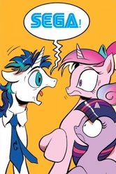 Size: 365x549 | Tagged: safe, idw, princess cadance, shining armor, twilight sparkle, alicorn, pony, unicorn, spoiler:comic, comics, exploitable meme, meme, screaming armor, sega, sega logo, sega scream