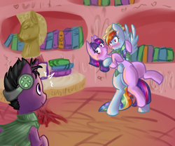 Size: 1002x832 | Tagged: safe, derpibooru import, rainbow dash, twilight sparkle, pegasus, pony, awkward moment, blushing, cosplay, costume, female, golden oaks library, lesbian, library, shipping, twidash