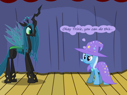 Size: 1280x957 | Tagged: safe, artist:evil-dec0y, derpibooru import, queen chrysalis, trixie, changeling, changeling queen, pony, unicorn, comic:trixie vs., cape, clothes, duo, duo female, female, hat, mare, stage, trixie's cape, trixie's hat